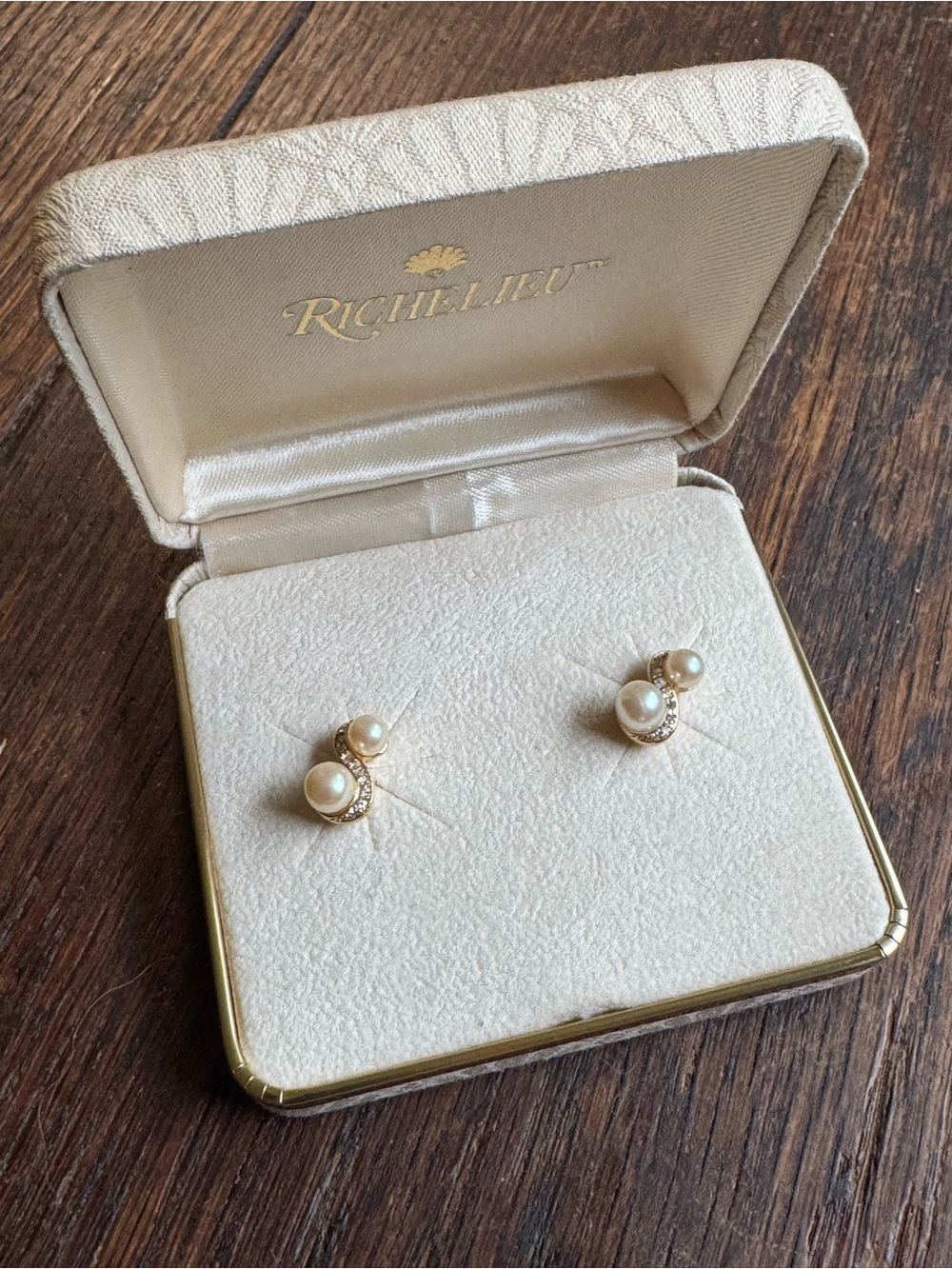 Vintage Pearl and “Diamond” Earrings in Case by Richelieu - 1950’s - 14K Gold